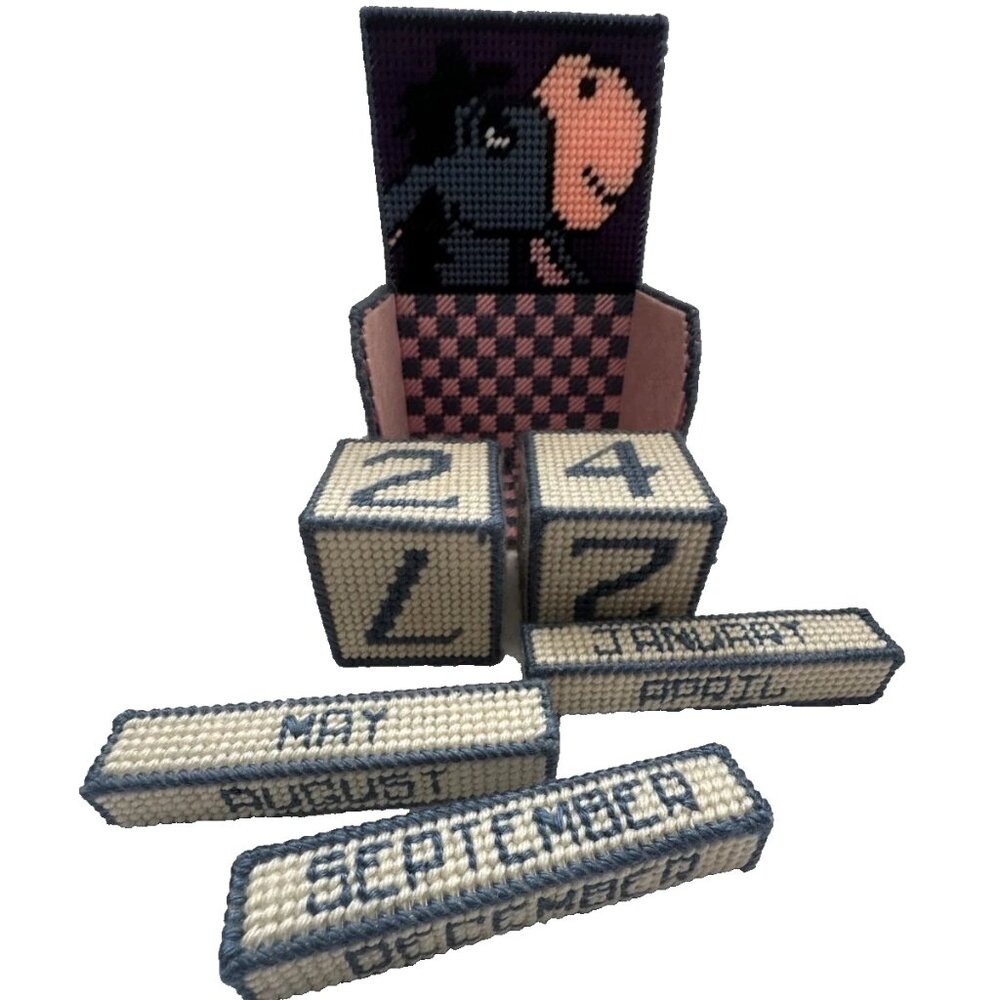 Winnie the Pooh- Eeyore Homemade vintage needlepoint calendar cube